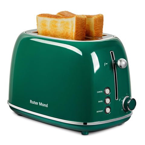 Diseño verde retro del tostador Roter Mond que aporta estilo a la cocina.