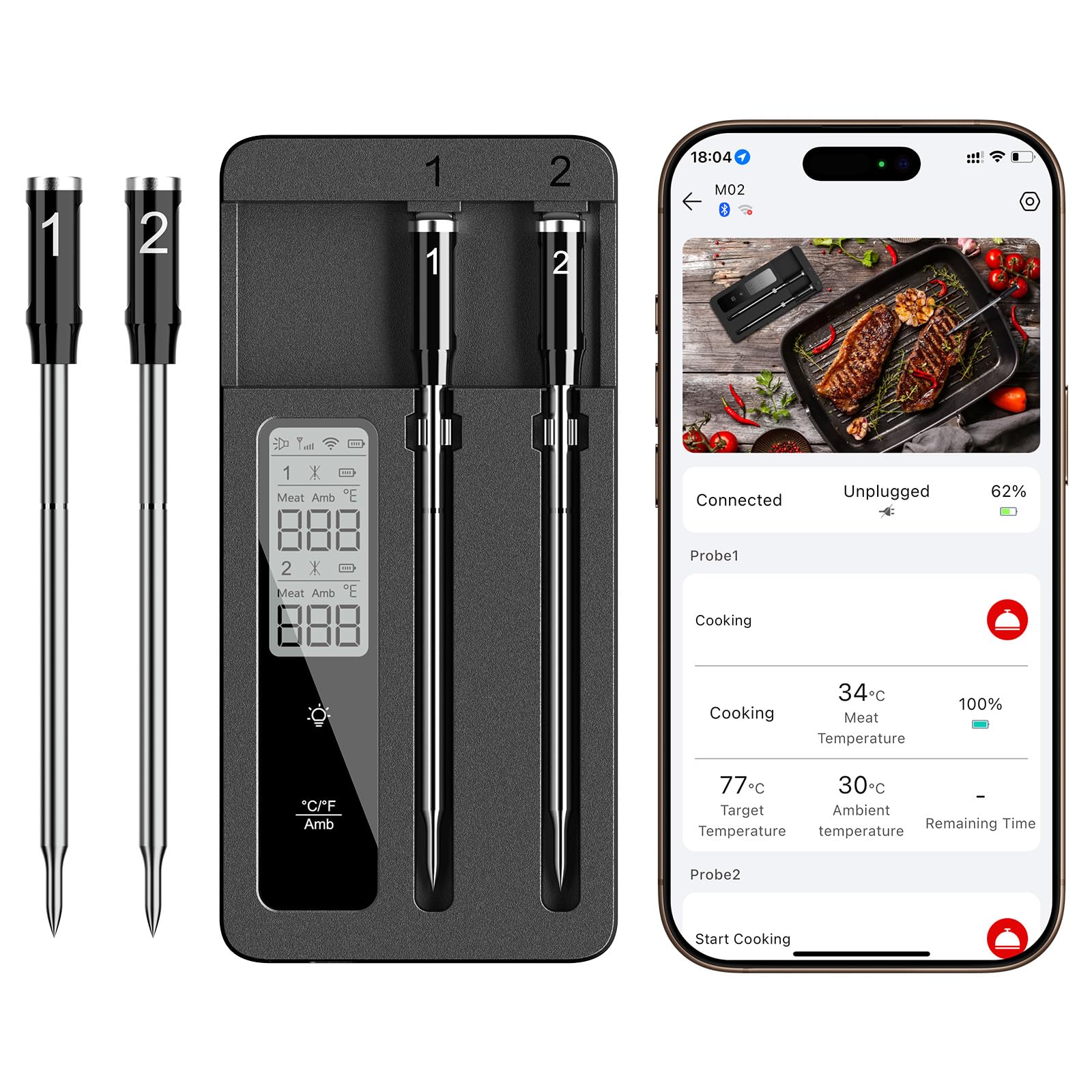Rouuo termómetro de carne con doble sonda: medición interna y del entorno para asados precisos.