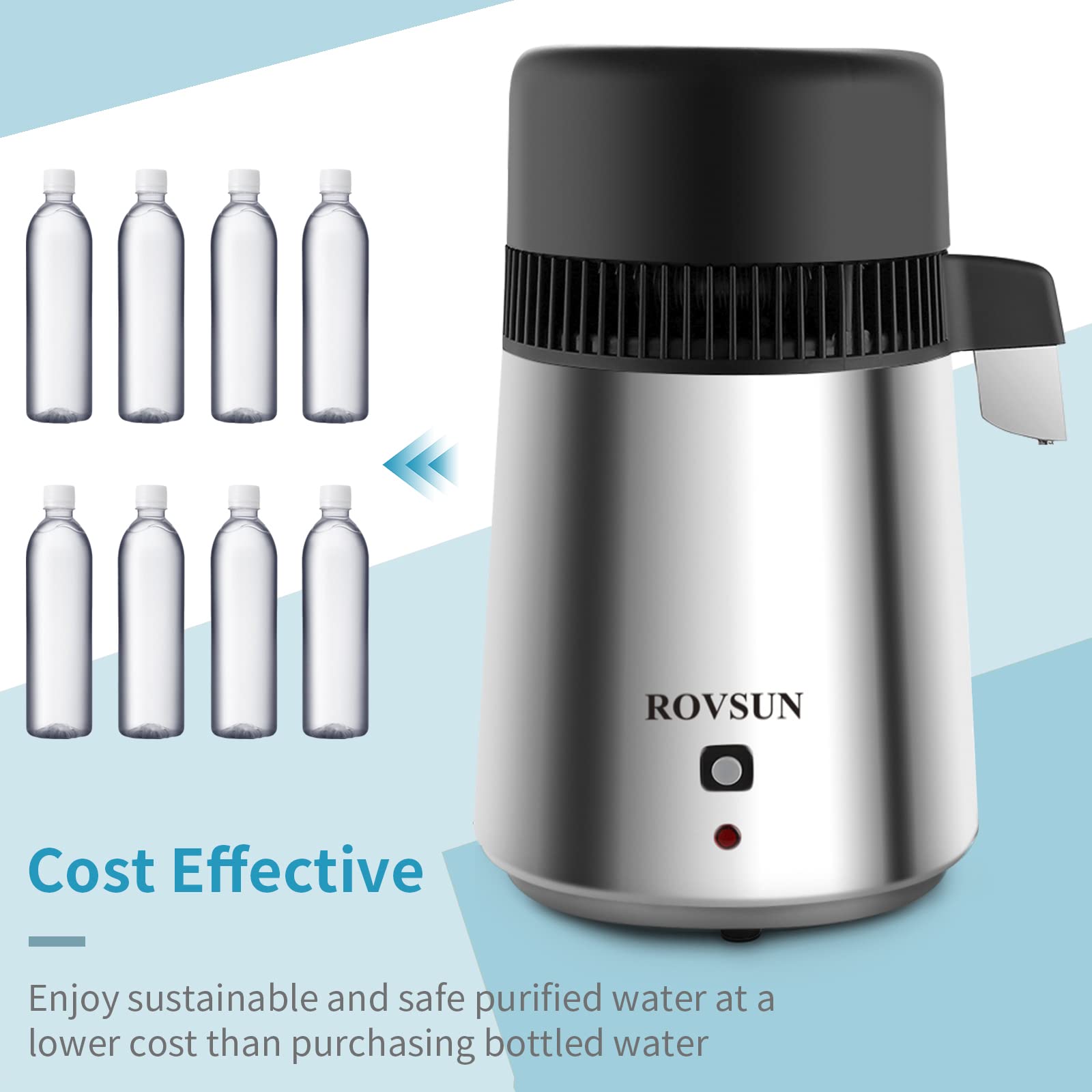 ROVSUN distilador con botón de encendido para operación rápida y segura.