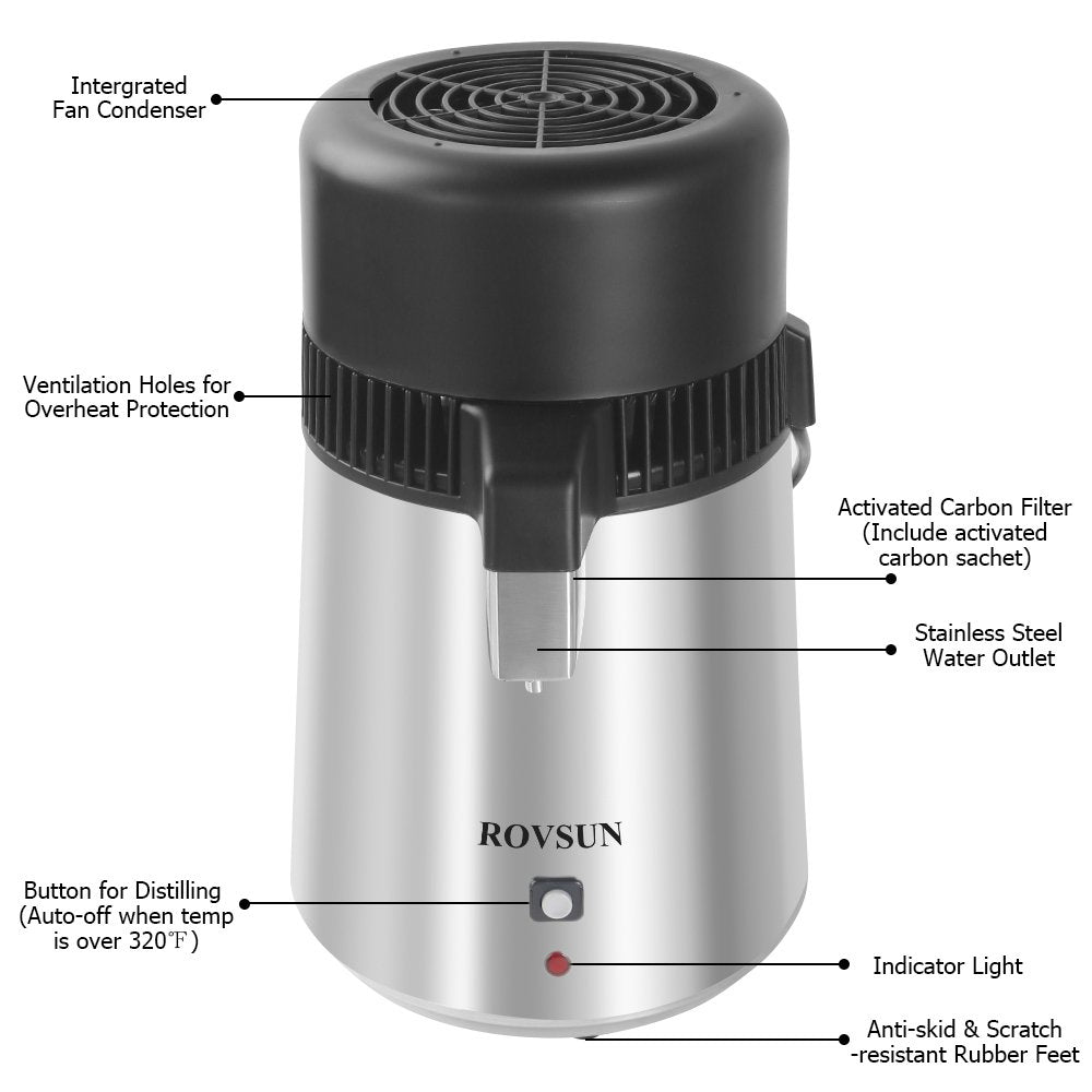 ROVSUN distilador con tanque de vidrio y fácil limpieza.