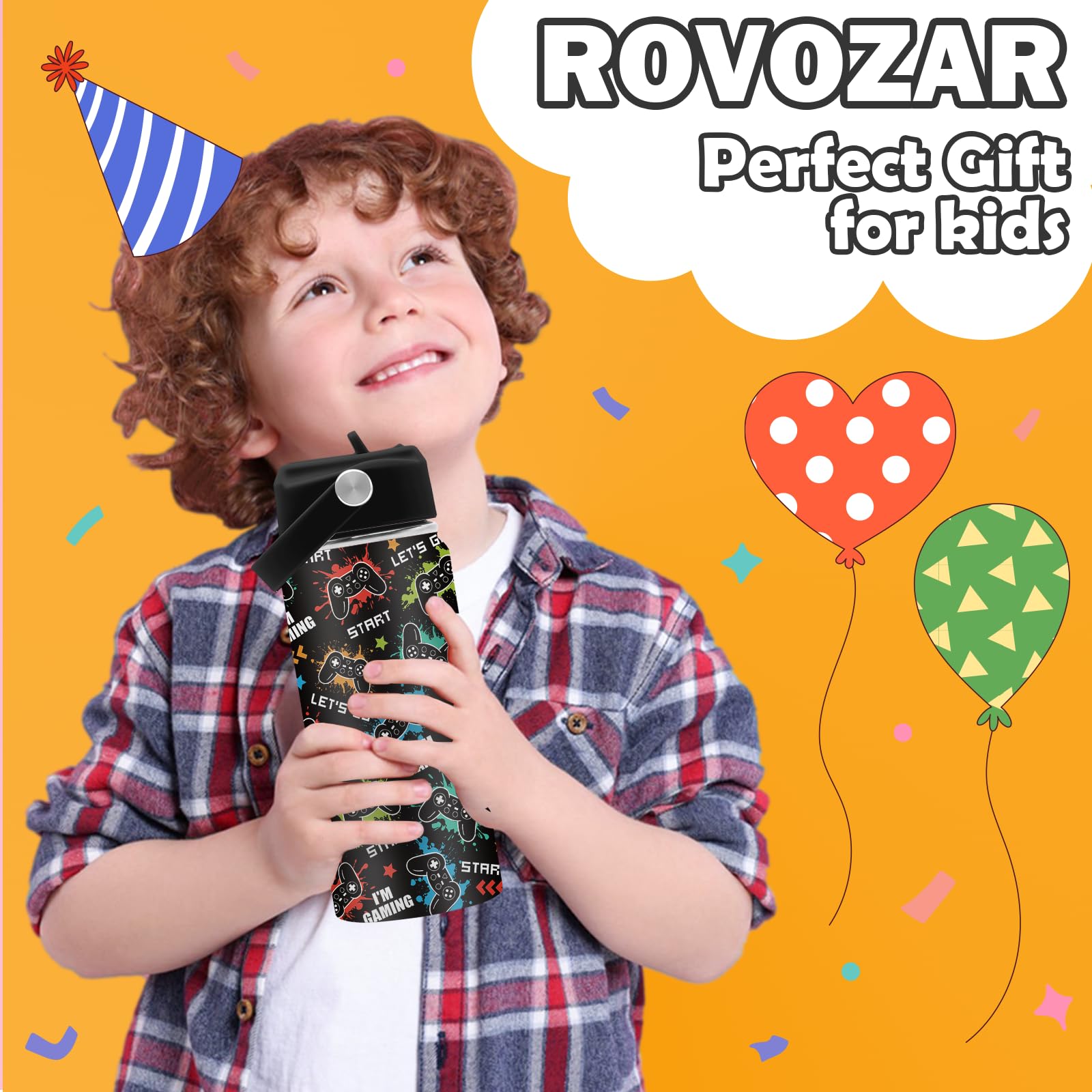 ROVOZAR botella de agua con diseño para jugadores, detalles pixelados sobre fondo negro.