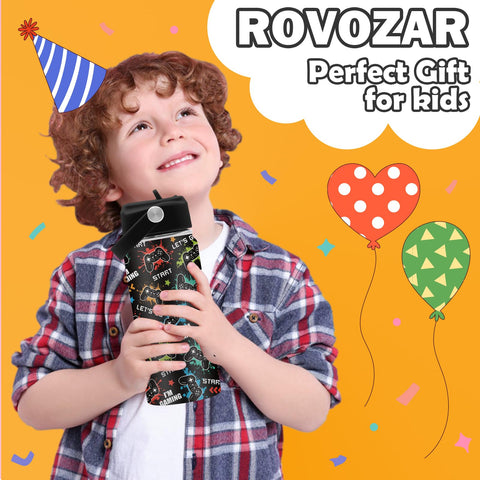 ROVOZAR botella de agua con diseño para jugadores, detalles pixelados sobre fondo negro.