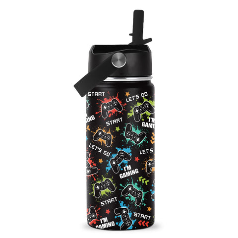 ROVOZAR botella para videojuegos, frente con mando colorido, ideal para sesiones de juego.