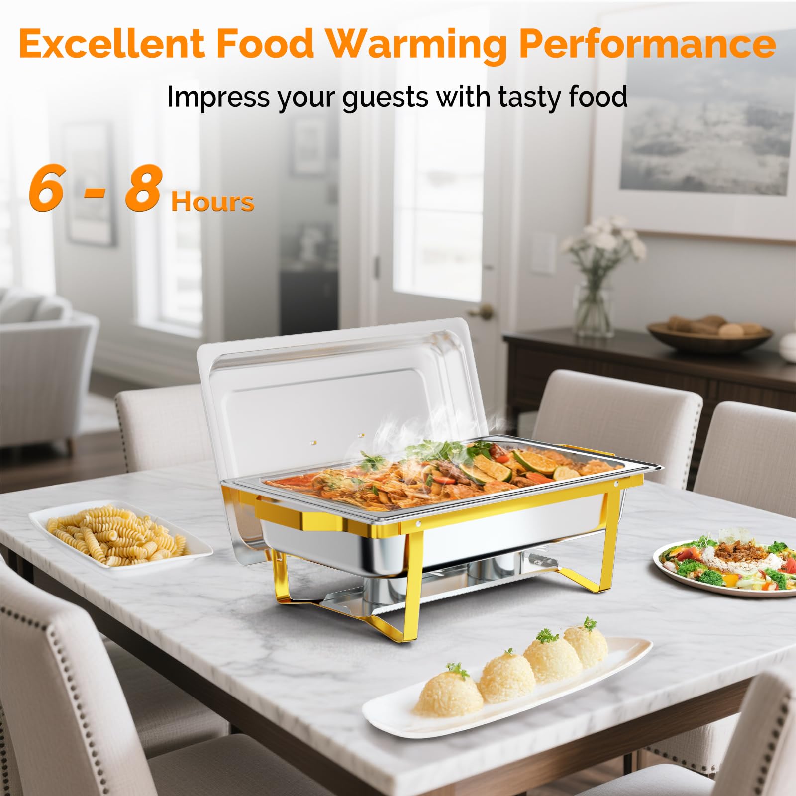 Bandeja caliente 9qt en oro ROVSUN para servicio de buffet elegante.