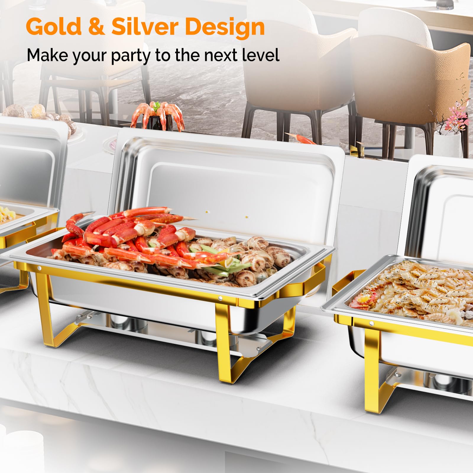 Bandeja caliente 9qt en plata ROVSUN para servicio de buffet elegante.