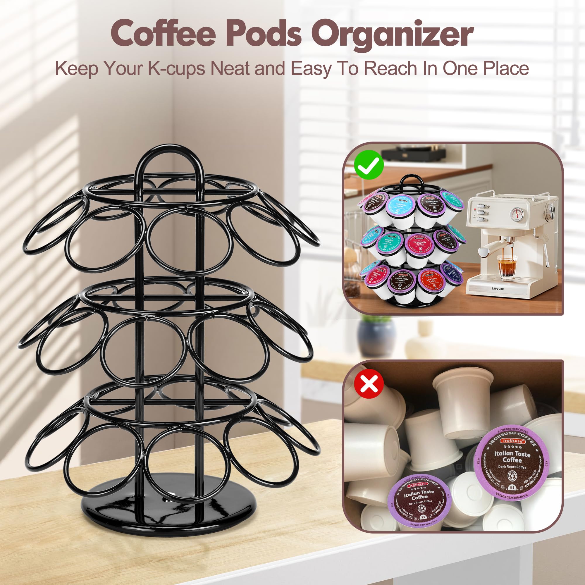 Carrusel ROWISE de 3 niveles en metal negro mantiene cápsulas organizadas