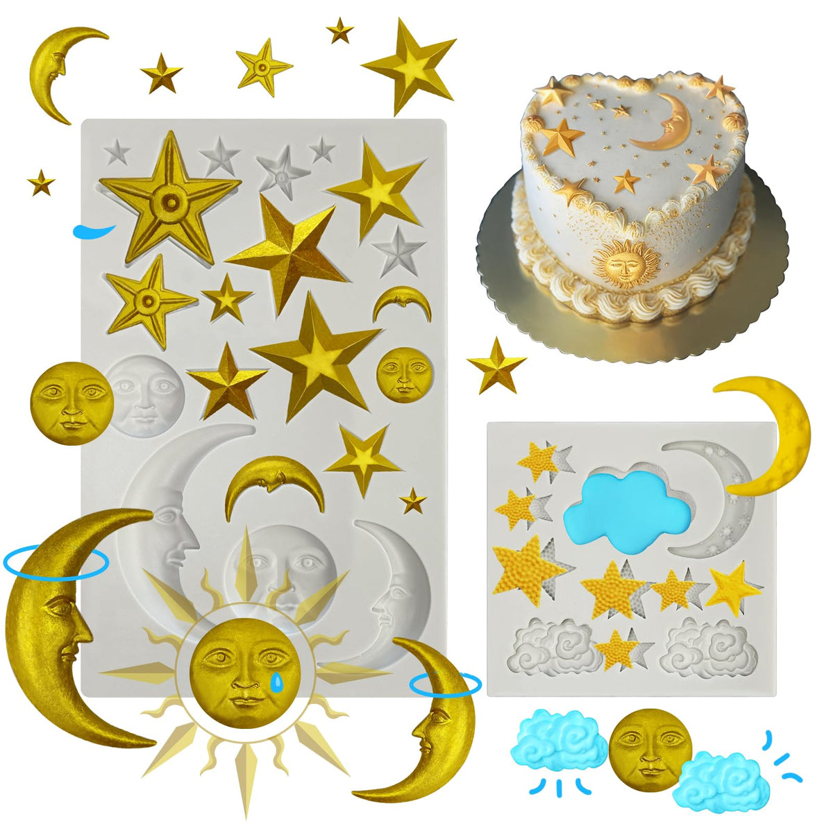 Moldes Roxjaejae para luna, estrella y sol en fondant con desmolde fácil.