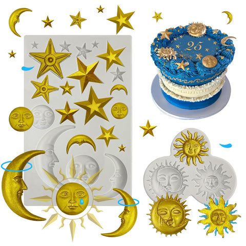 Moldes Roxjaejae Sol, Luna y Estrella para fondant y decoraciones.