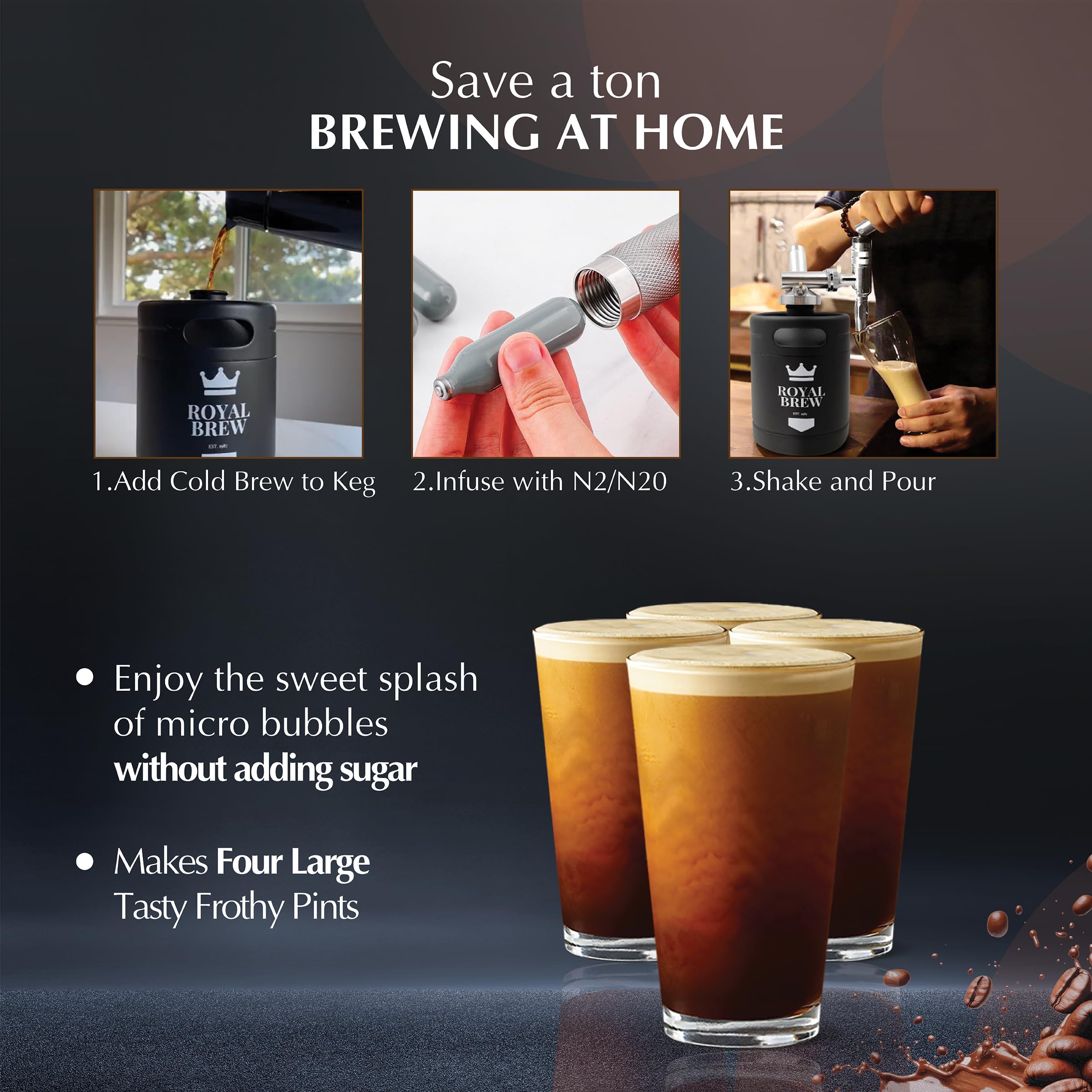 Dispenser de Royal Brew enfocado en el vertido limpio y estable.