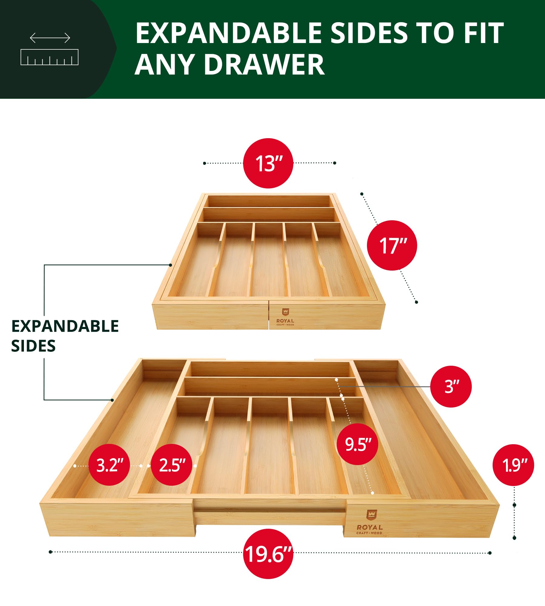 ROYAL CRAFT WOOD divisores ajustables para cajón, maximiza el espacio de almacenamiento.