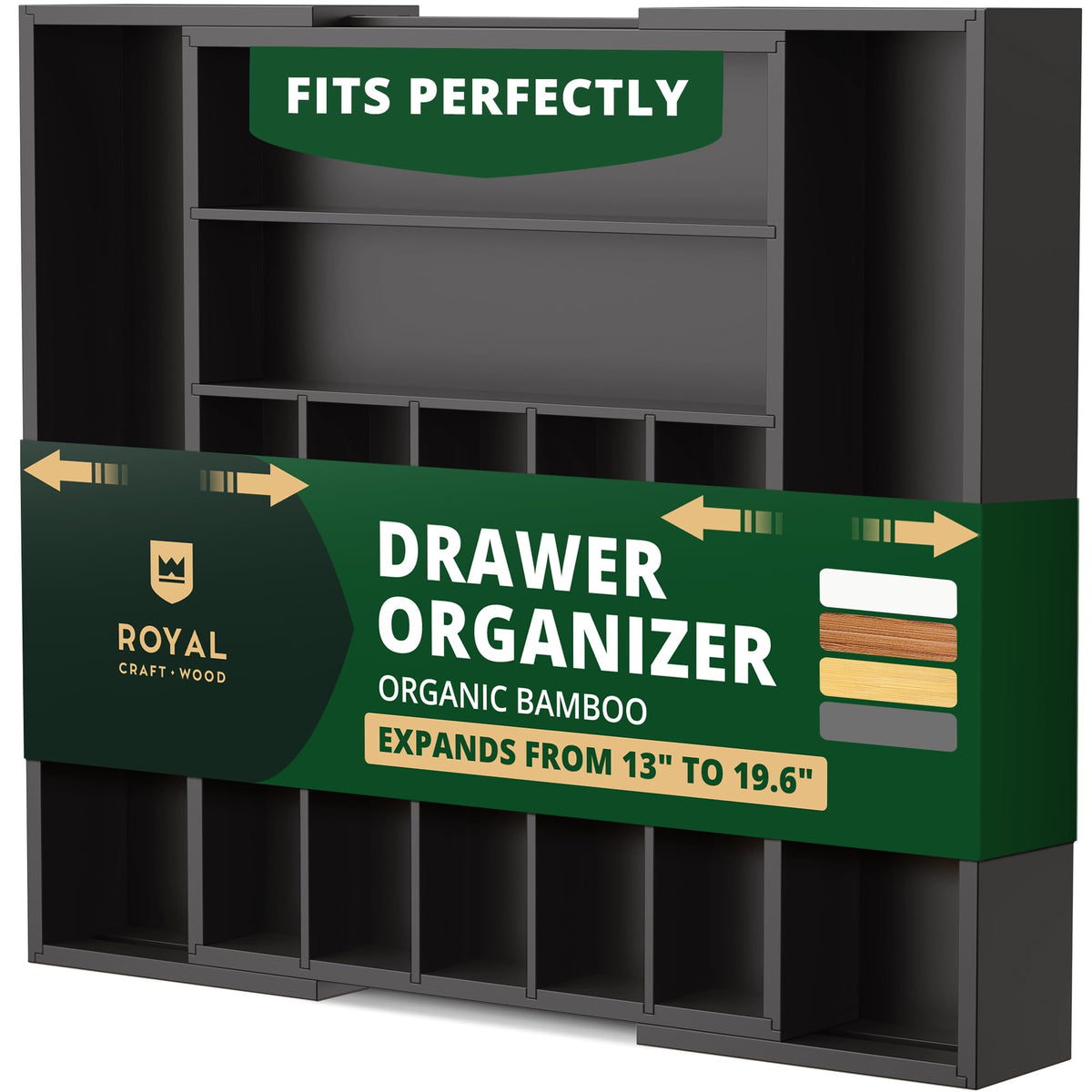 Organizador de cajón de bambú negro con 9 espacios para cubiertos por ROYAL CRAFT WOOD.