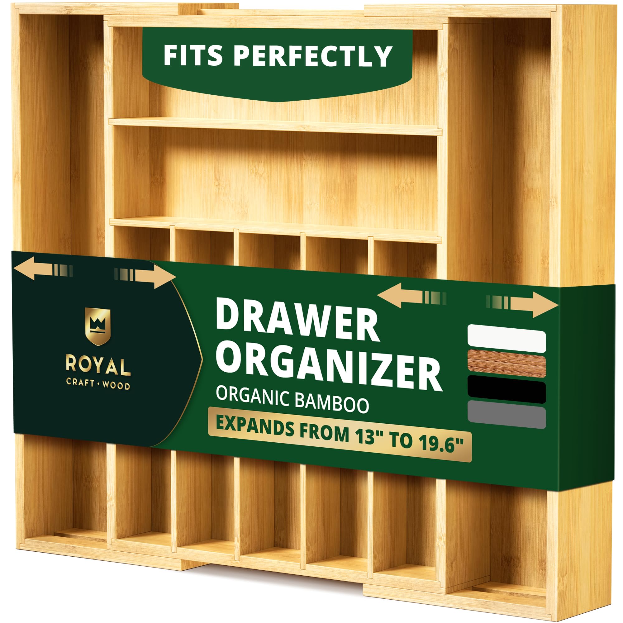 ROYAL CRAFT WOOD organzador de cajón en bambú natural nueve compartimentos para cubiertos, acceso rápido.