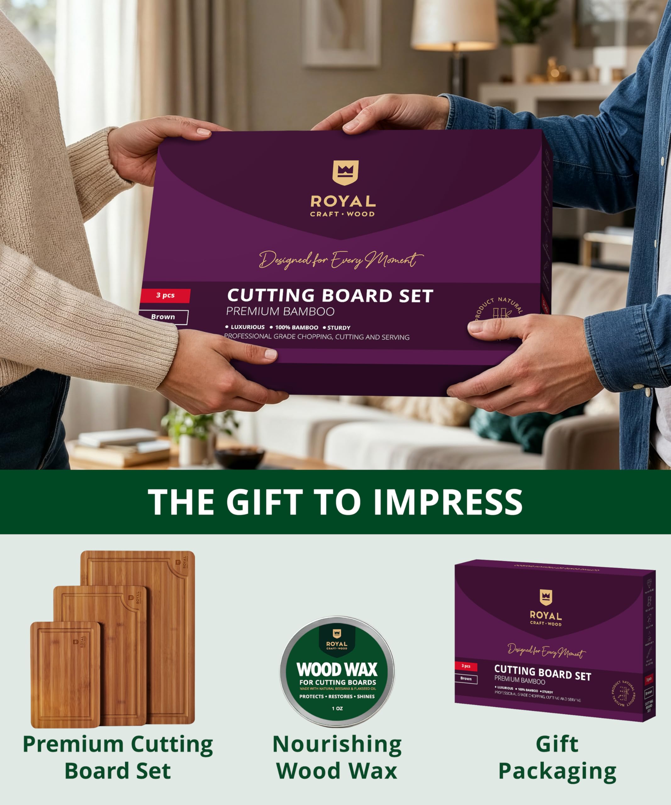 ROYAL CRAFT WOOD set-tablas-corte-3-piezas para planificar comidas y presentaciones