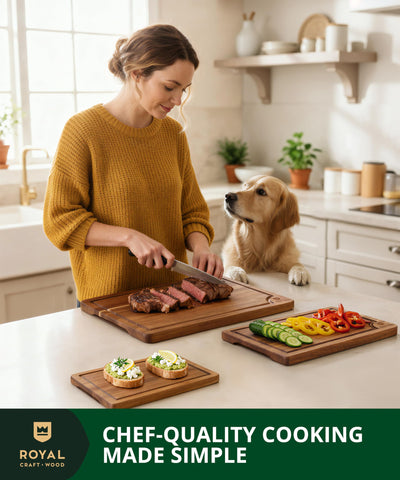 Tabla de servir con asas ROYAL CRAFT WOOD en acacia, perfecta para queso y embutidos.
