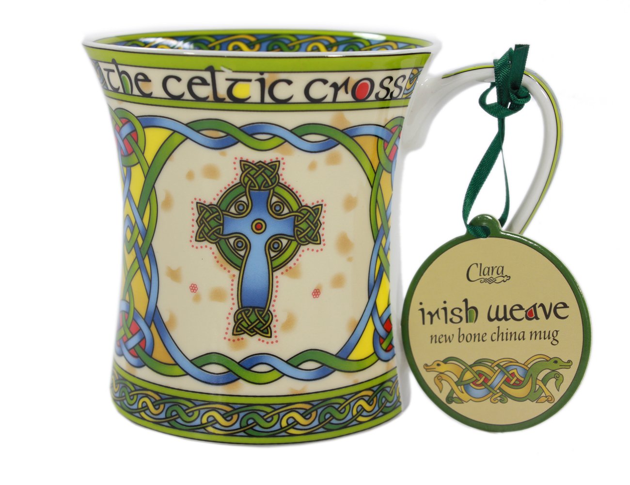 Taza Royal Tara con cruz celta, ideal para té matutino.