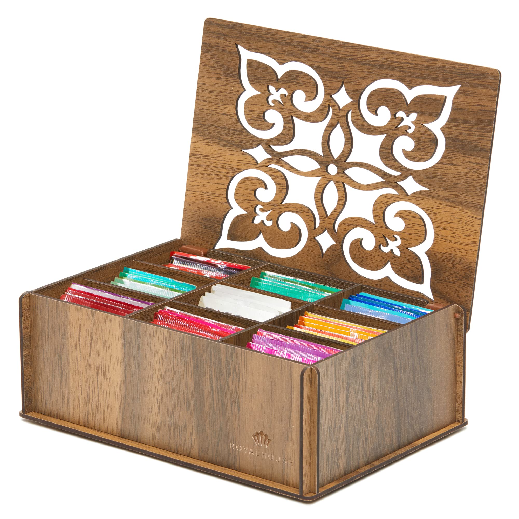 RoyalHouse caja de té en nogal, vista frontal elegante para ordenar bolsas de té