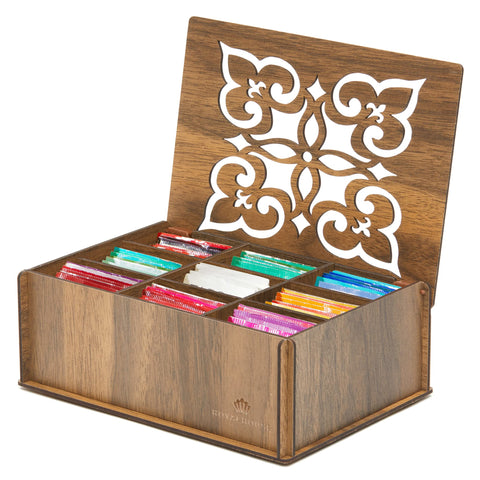 RoyalHouse caja de té en nogal, vista frontal elegante para ordenar bolsas de té