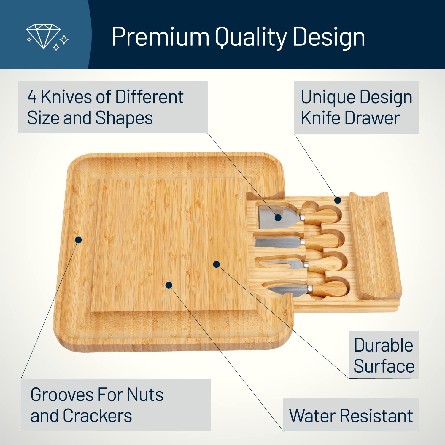 tabla royalhouse de quesos en bambú con diseño elegante para cenas