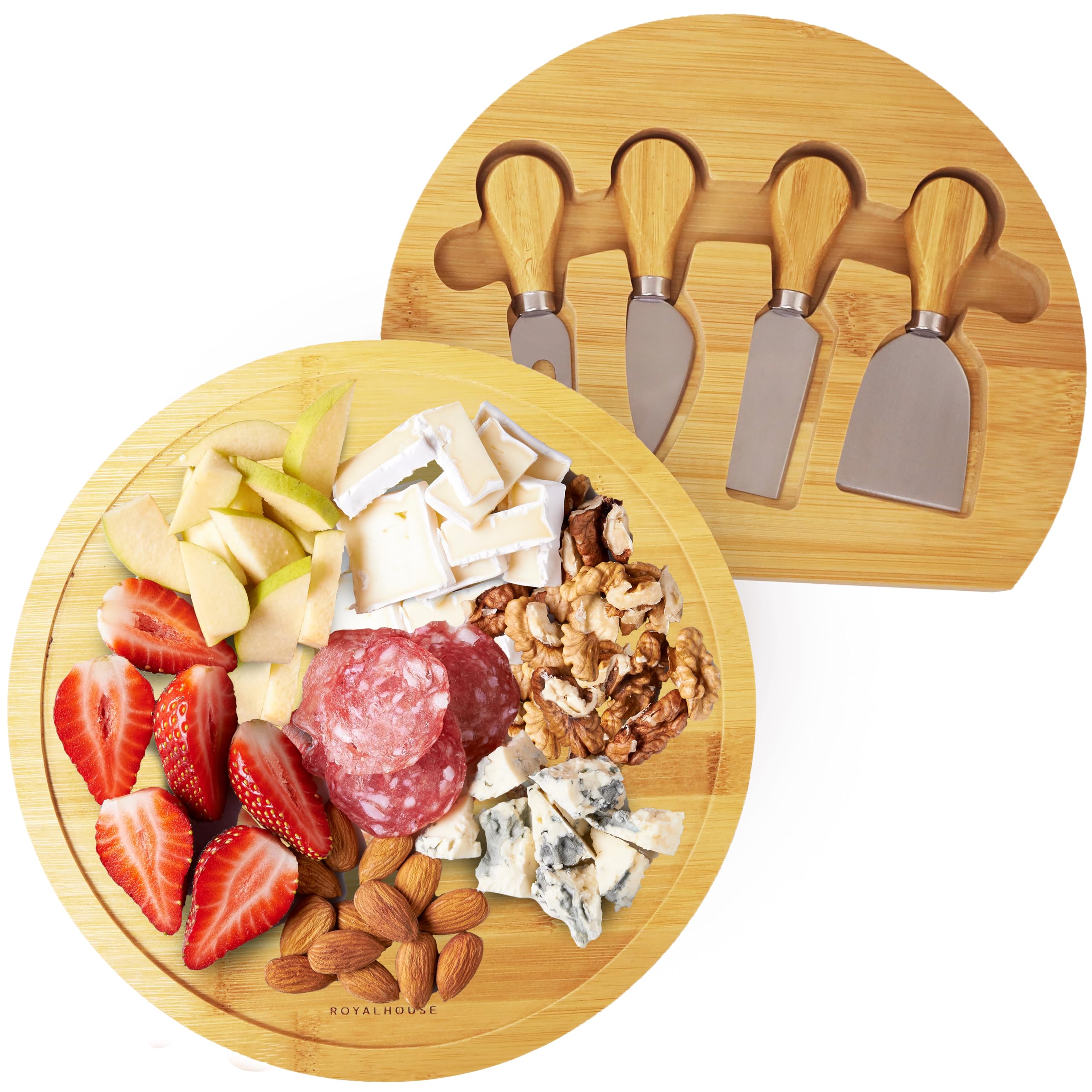 Tabla de queso RoyalHouse redonda con cuchillos, ideal para reuniones y degustaciones.
