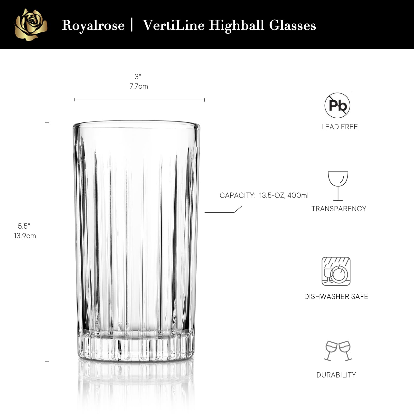 Vaso de agua Royalrose VertiLine en cristal claro para uso diario.