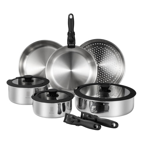 Roydx conjunto de cazuelas y sartenes 3-ply con mangos removibles para ahorrar espacio.