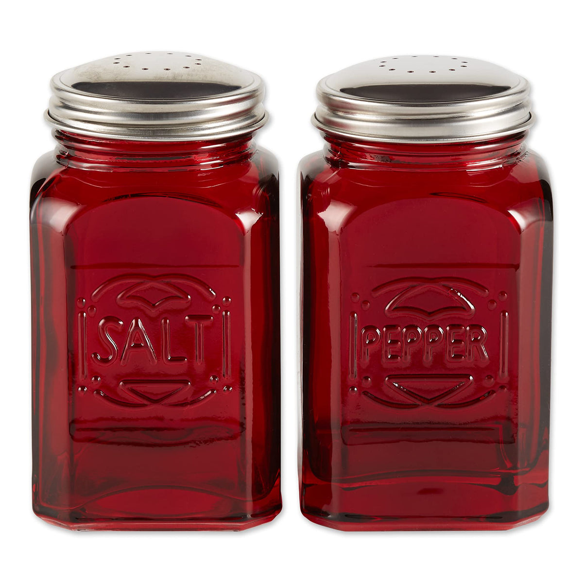 RSVP International salero-pimentero retro de vidrio rojo con tapa de acero inoxidable para mesa.