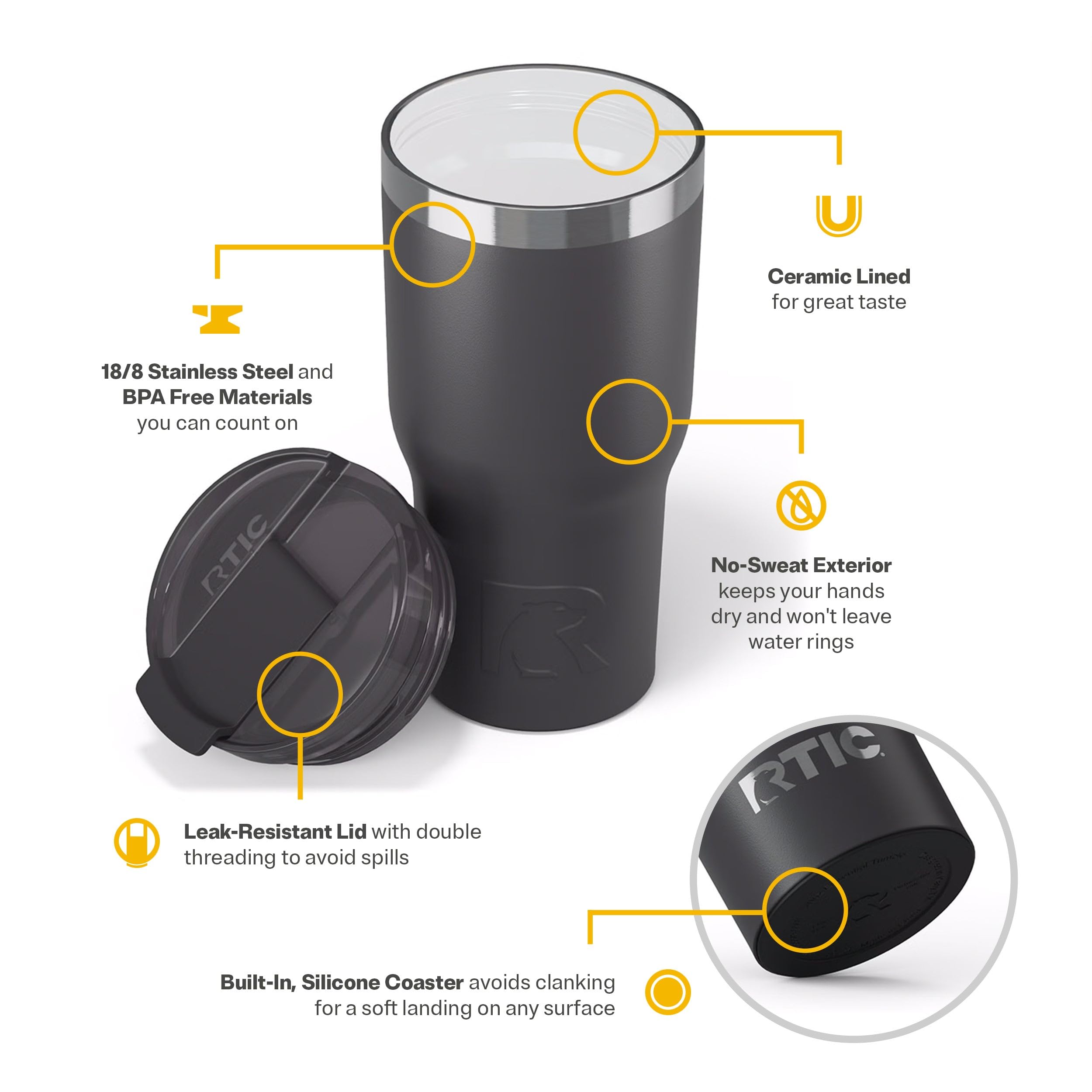 RTIC 20oz vaso termico acero inoxidable resistente y libre de BPA.
