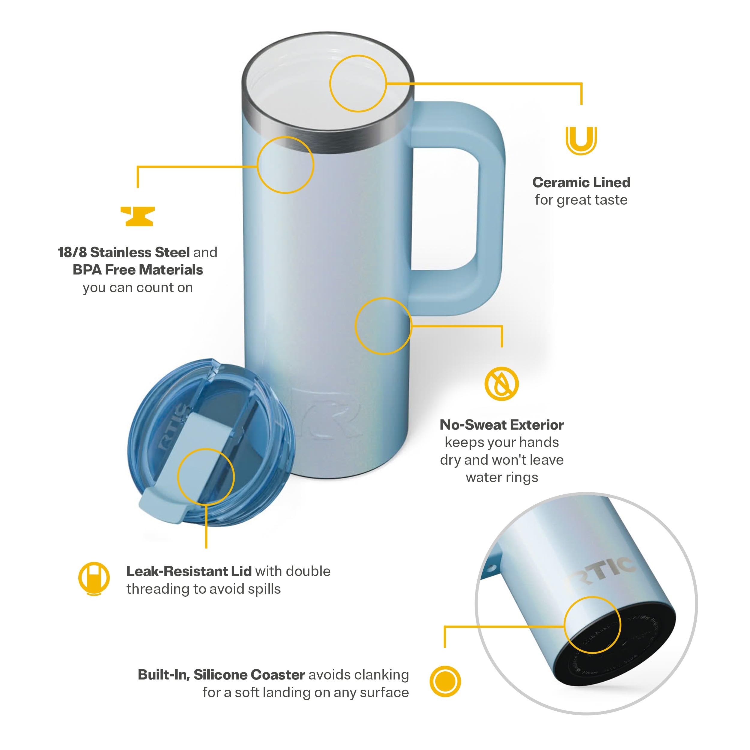 RTIC Taza con tapa a prueba de fugas para salidas sin derrames.