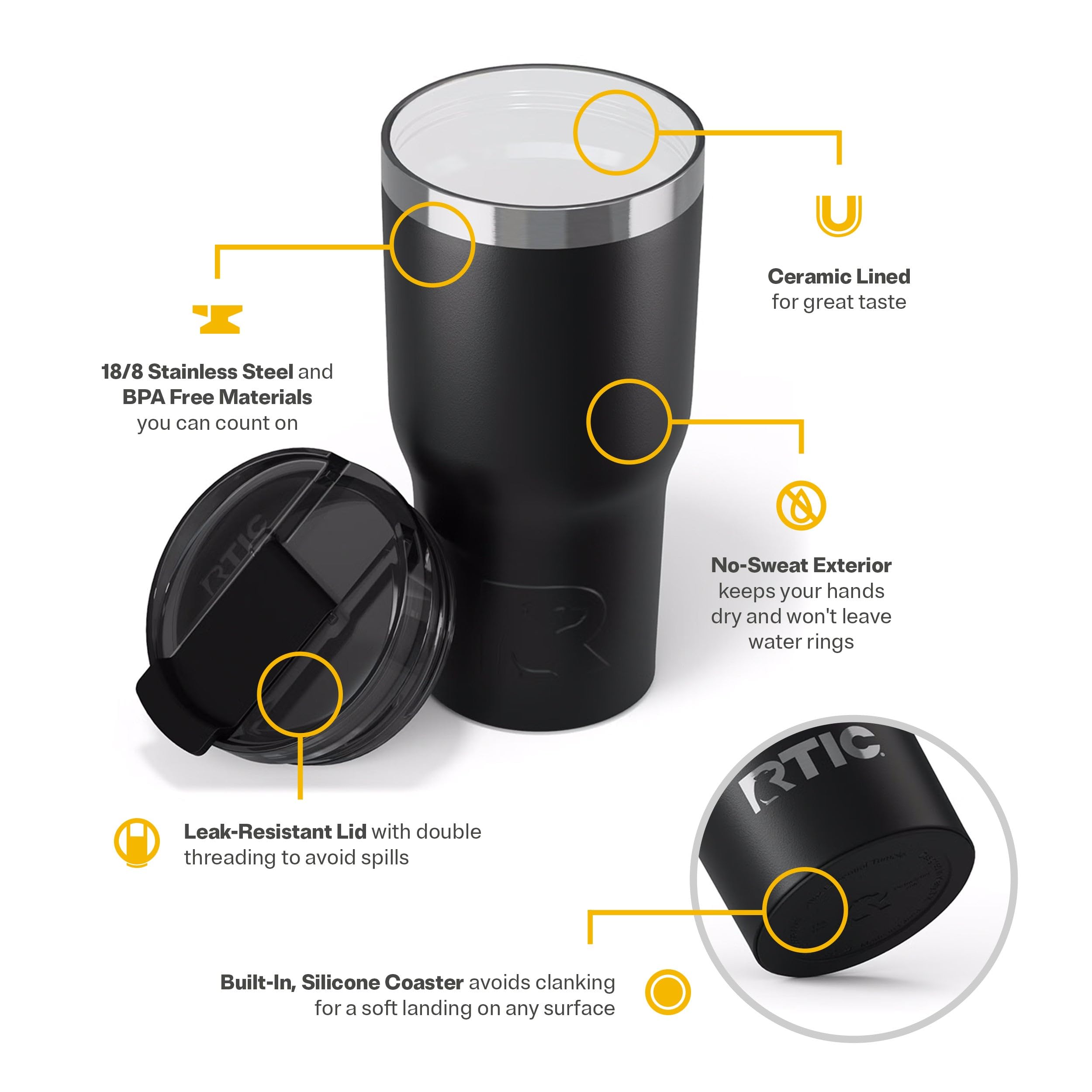 RTIC Vaso Térmico Esencial 20 onzas, cuerpo de acero inoxidable duradero y seguro.