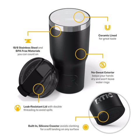 RTIC Vaso Térmico Esencial 20 onzas, cuerpo de acero inoxidable duradero y seguro.