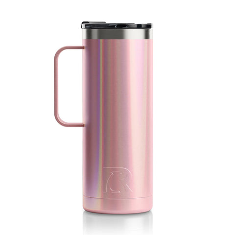 RTIC Vaso de viaje 20 oz rosa polvo con brillo, ideal para café caliente en ruta.