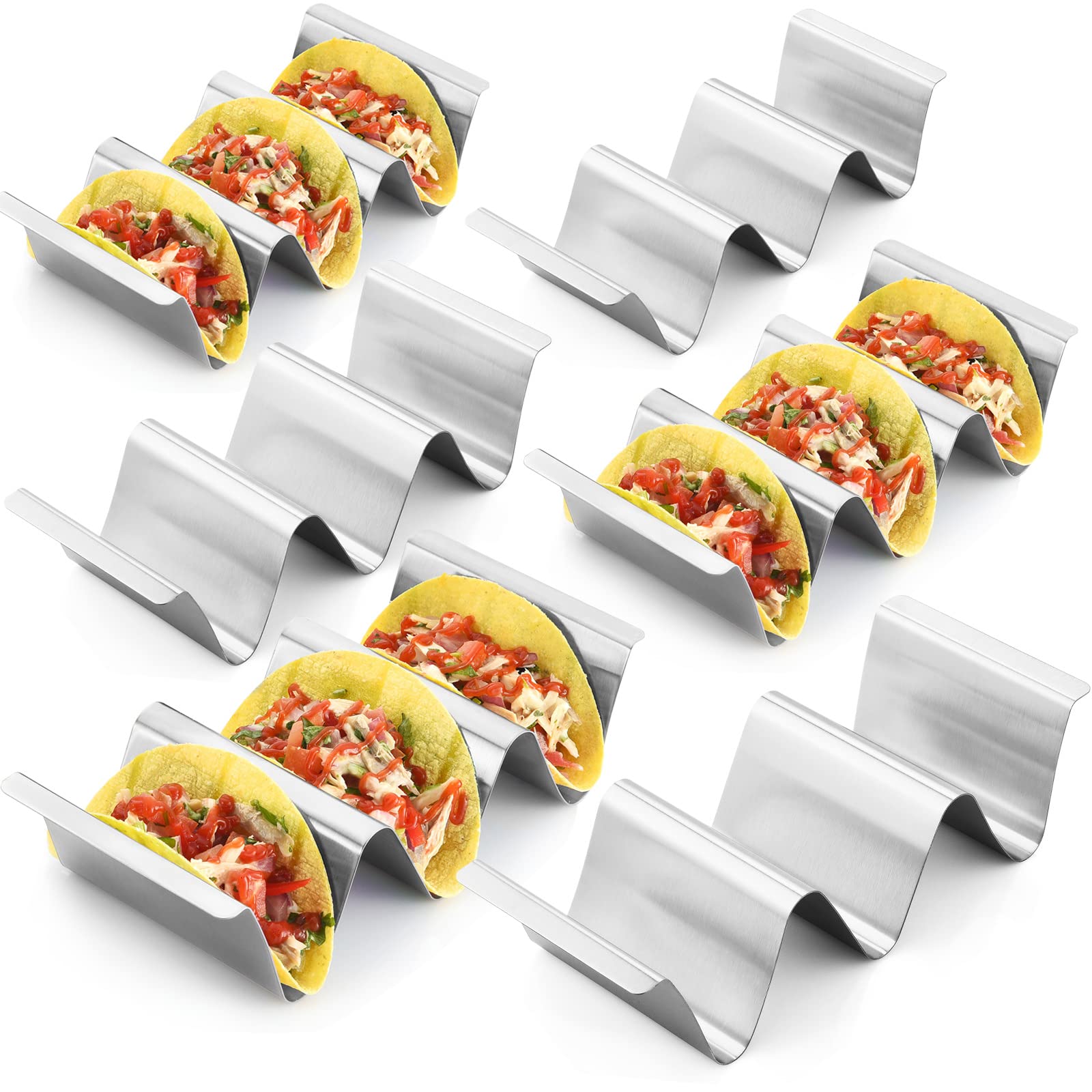 RTT Porta-tacos en acero inoxidable, conjunto de 6, muestra tacos de forma estable.