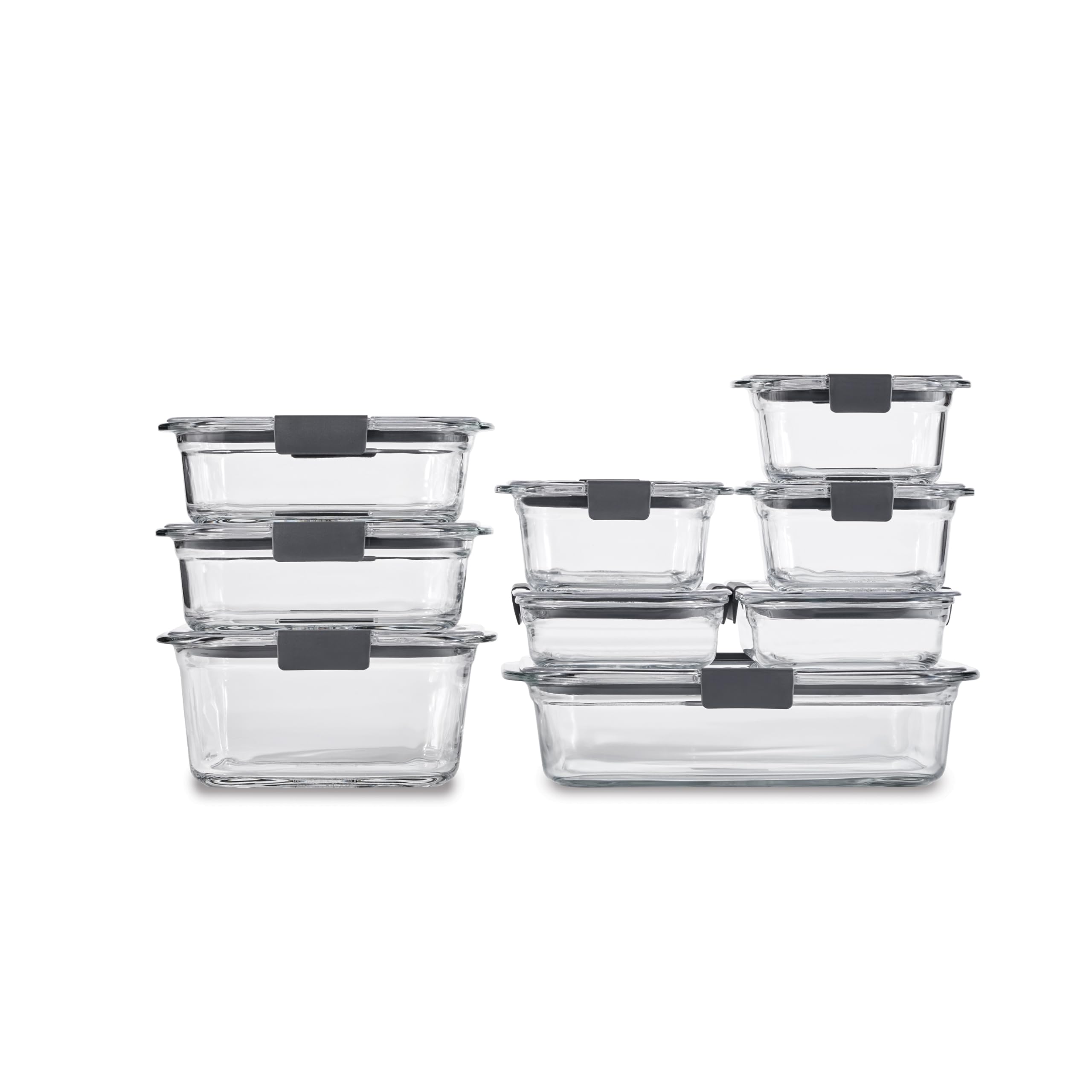 Recipientes de vidrio Rubbermaid Brilliance para almacenamiento de alimentos, visibilidad clara y sello hermético.