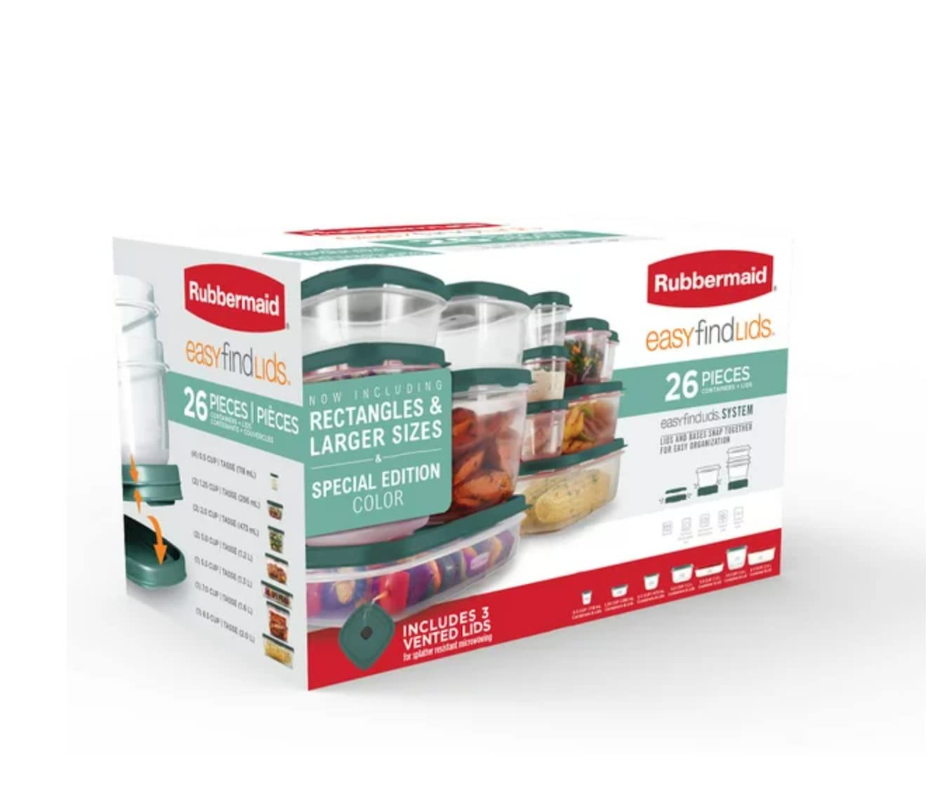 Conjunto Rubbermaid de 26 piezas en color Azul Picea para almacenamiento eficiente de alimentos.