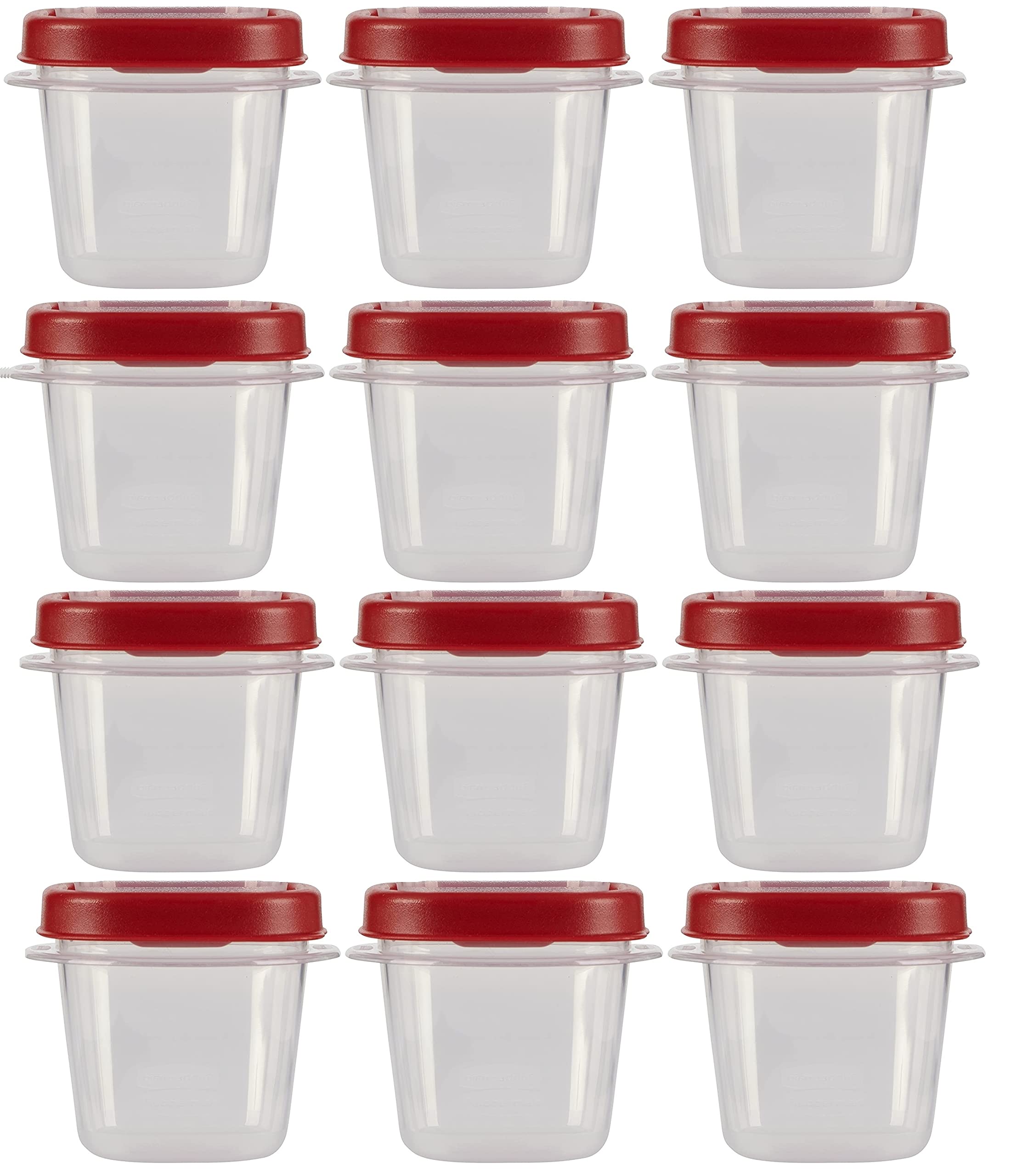 Conjunto Rubbermaid Easy Find Lids de 0,5 taza con tapas rojas para porciones fáciles de identificar.