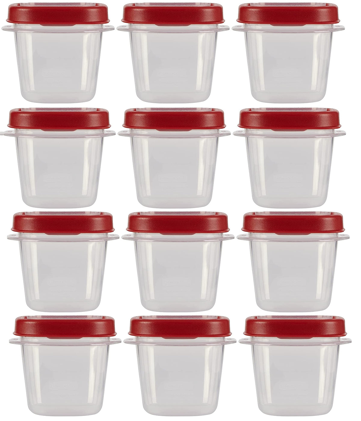 Conjunto Rubbermaid Easy Find Lids de 0,5 taza con tapas rojas para porciones fáciles de identificar.