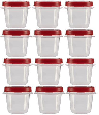 Conjunto Rubbermaid Easy Find Lids de 0,5 taza con tapas rojas para porciones fáciles de identificar.