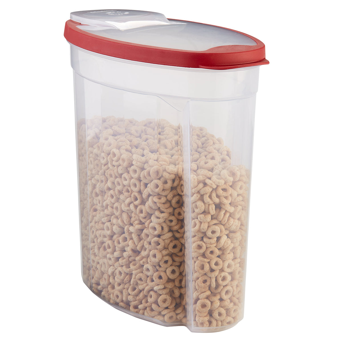 rubbermaid contenedor para cereales frente, muestra transparencia y capacidad de 1,5 galones