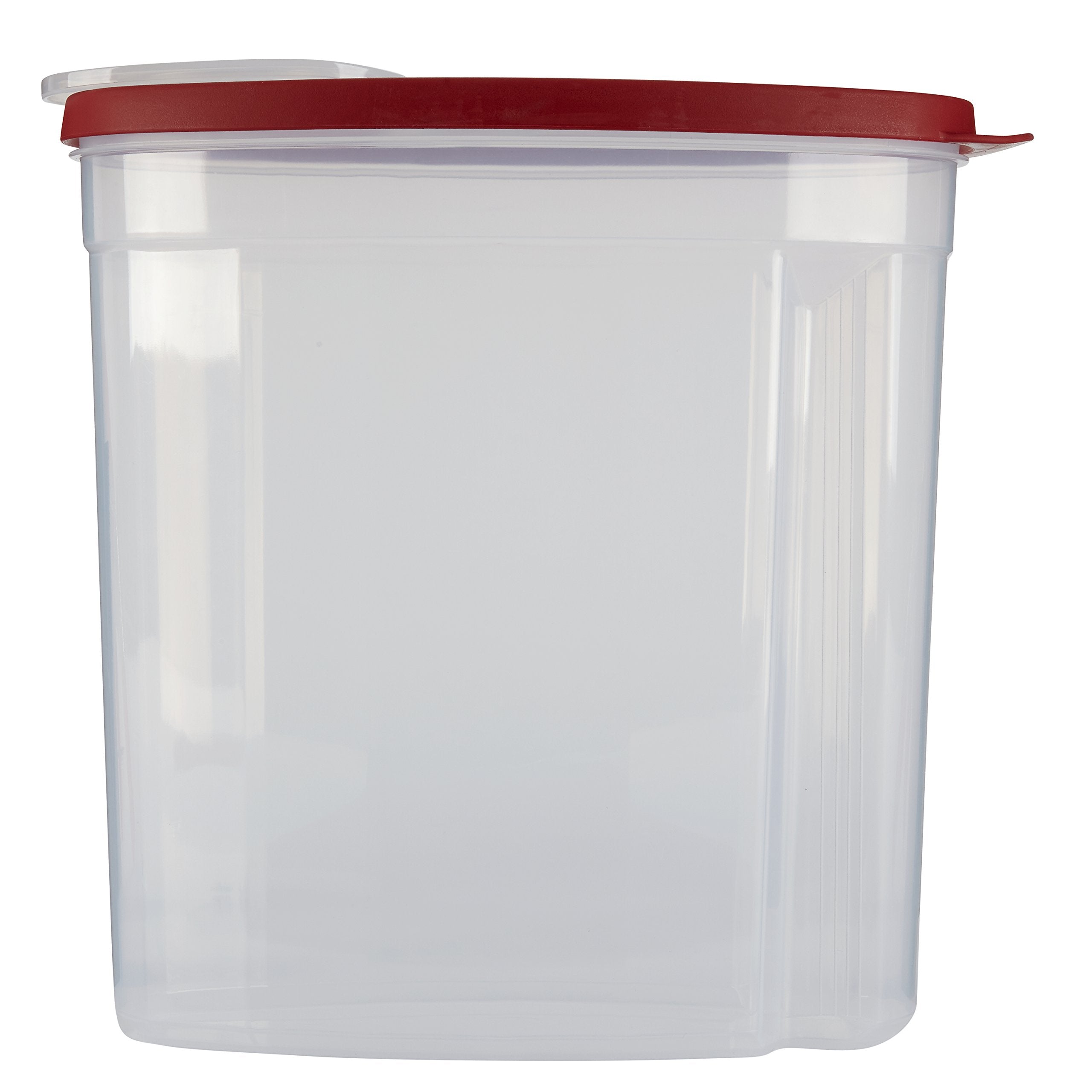 rubbermaid contenedor para cereales tapa roja abierta, facilita verter con una mano