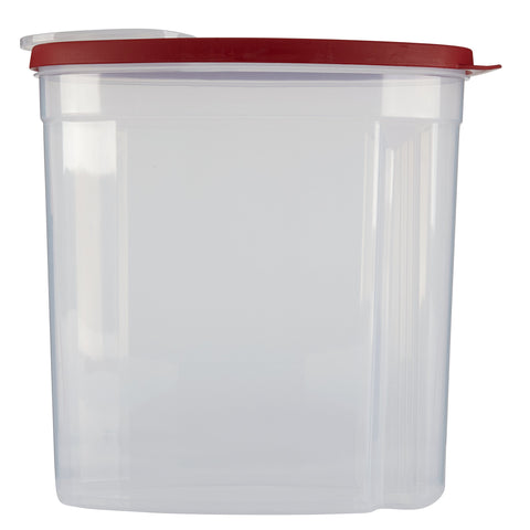 rubbermaid contenedor para cereales tapa roja abierta, facilita verter con una mano