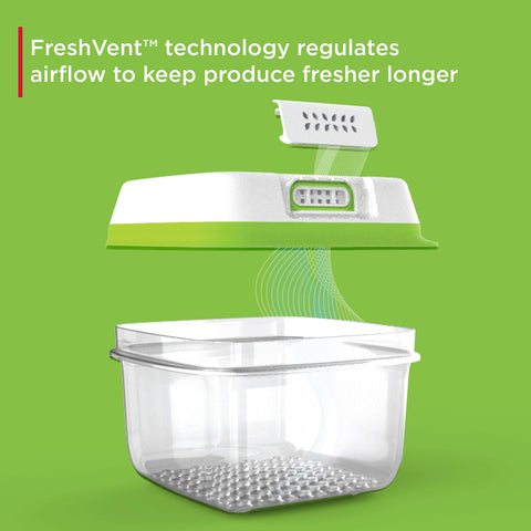 Filtro integrado FreshVent en Rubbermaid FreshWorks regula oxígeno para conservar mejor