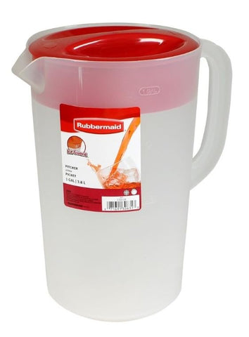 Jarra Rubbermaid Pitcher Classic 1 galón, base transparente, tapa roja para servir.