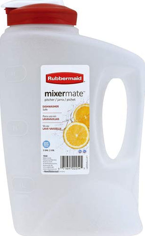 Jarra Rubbermaid Seal'n Saver transparente con tapa roja para medir porciones con facilidad.