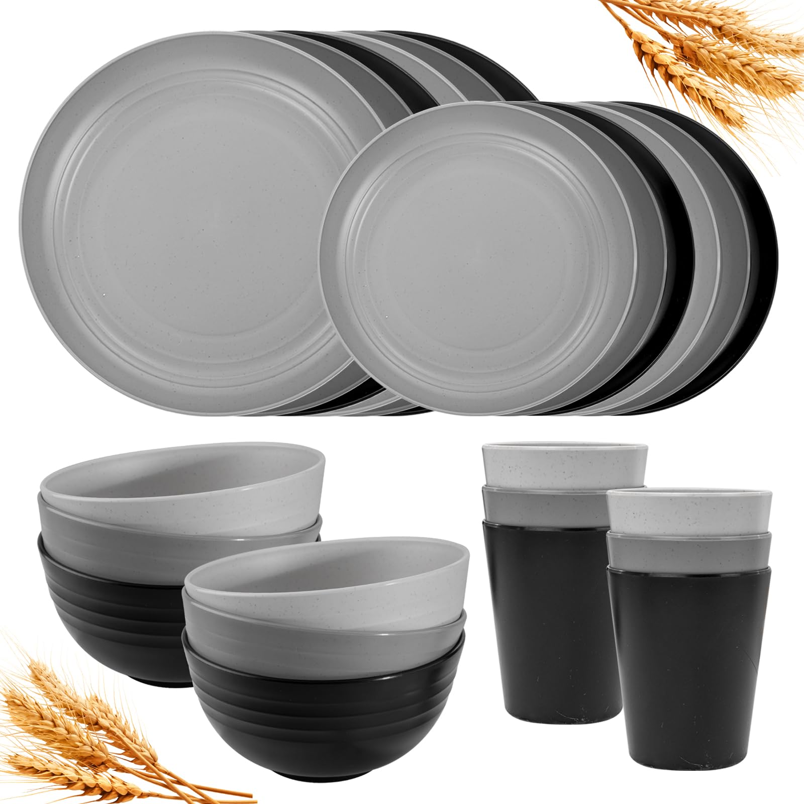 Rubtlamp juego platos-plastica-paja-trigo 24 piezas para comidas familiares al aire libre