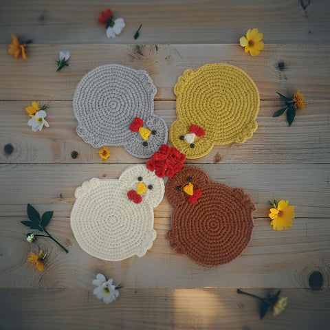 Posavasos de pollo arte crochet de RucaDeco, muestra artesanía detallada.