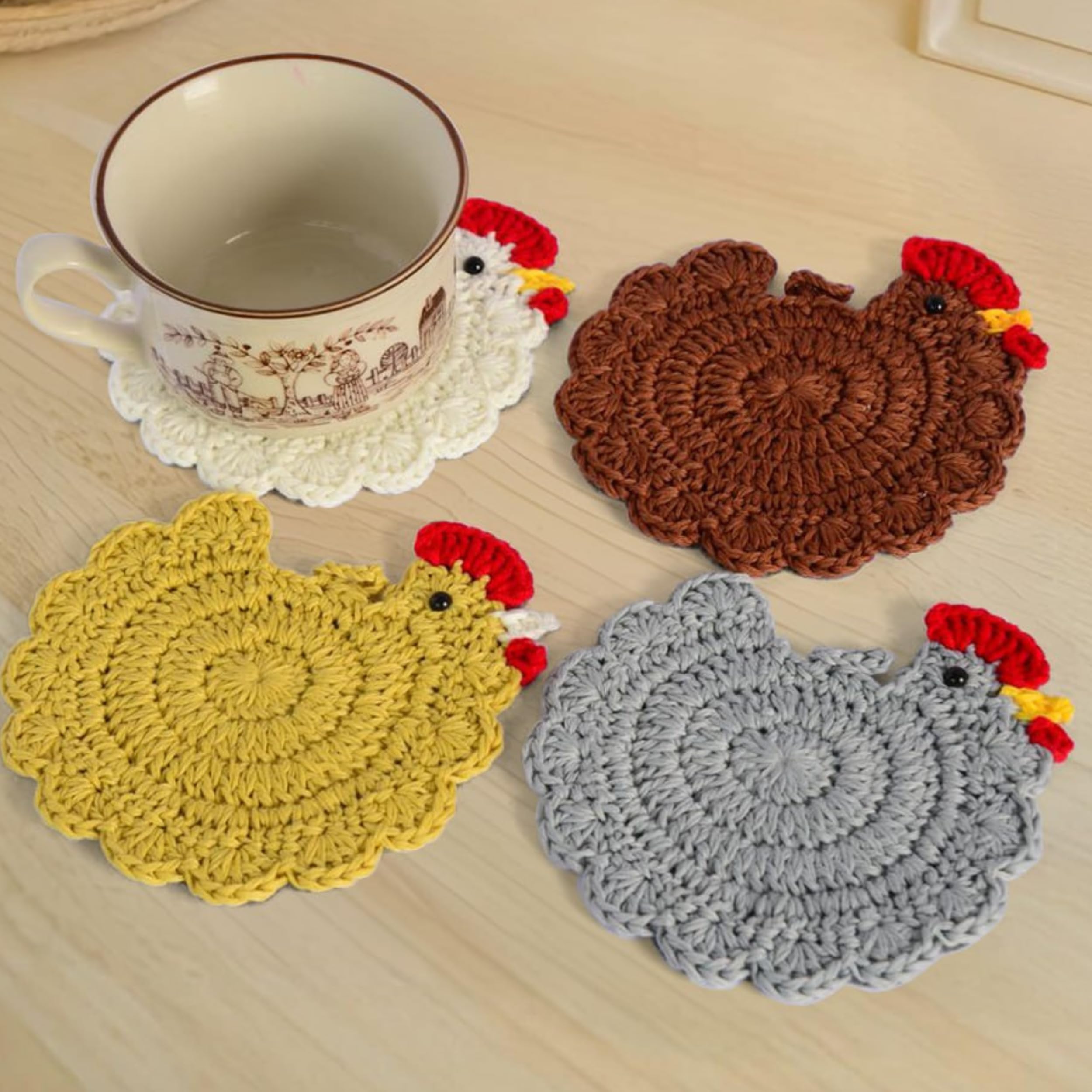 RucaDeco posavasos pollo set-4, cuatro posavasos artesanales que protegen la mesa.