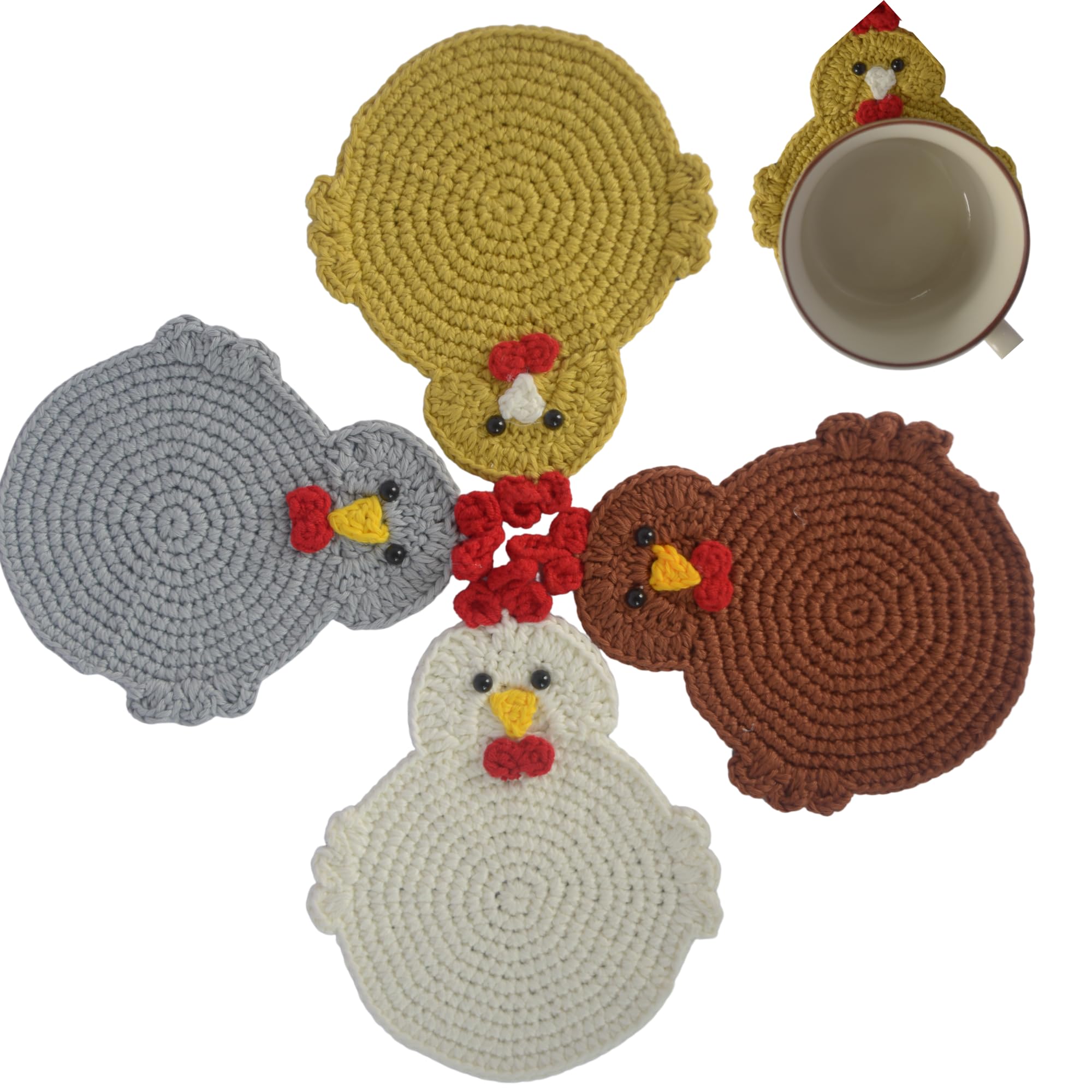 Posavasos de pollo tejido a mano RucaDeco protege la mesa con estilo artesanal.