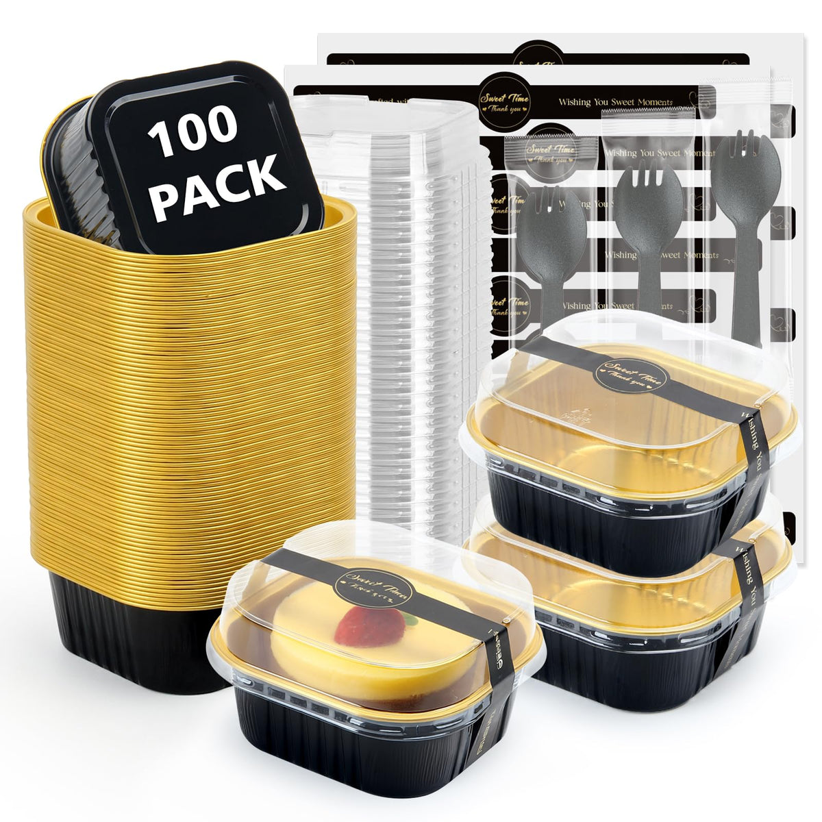 Ruckae bandeja dulce cuadrada 5oz con tapa, ideal para porciones individuales en fiestas