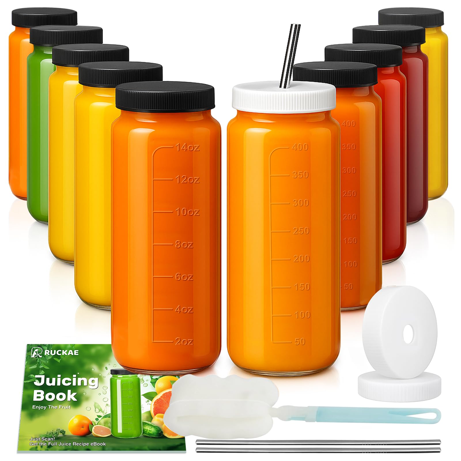 Botellas de vidrio Ruckae 16oz con tapas para jugos frescos y fáciles de transportar