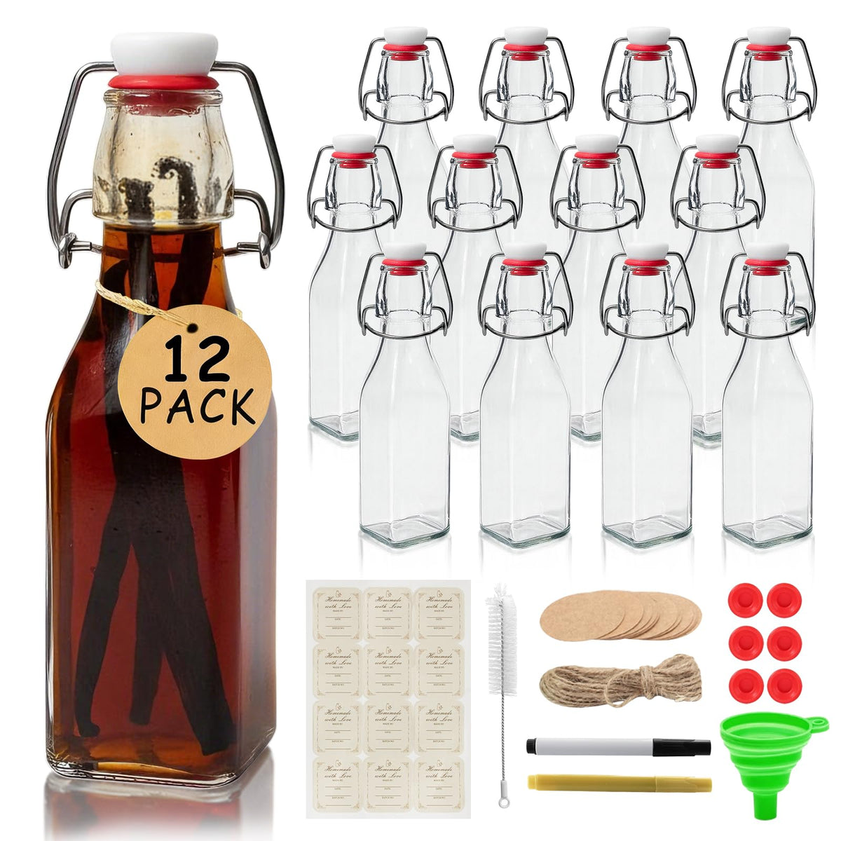 Botellas de vidrio cuadradas Ruckae con tapa abatible ideal para bebidas y almacenamiento